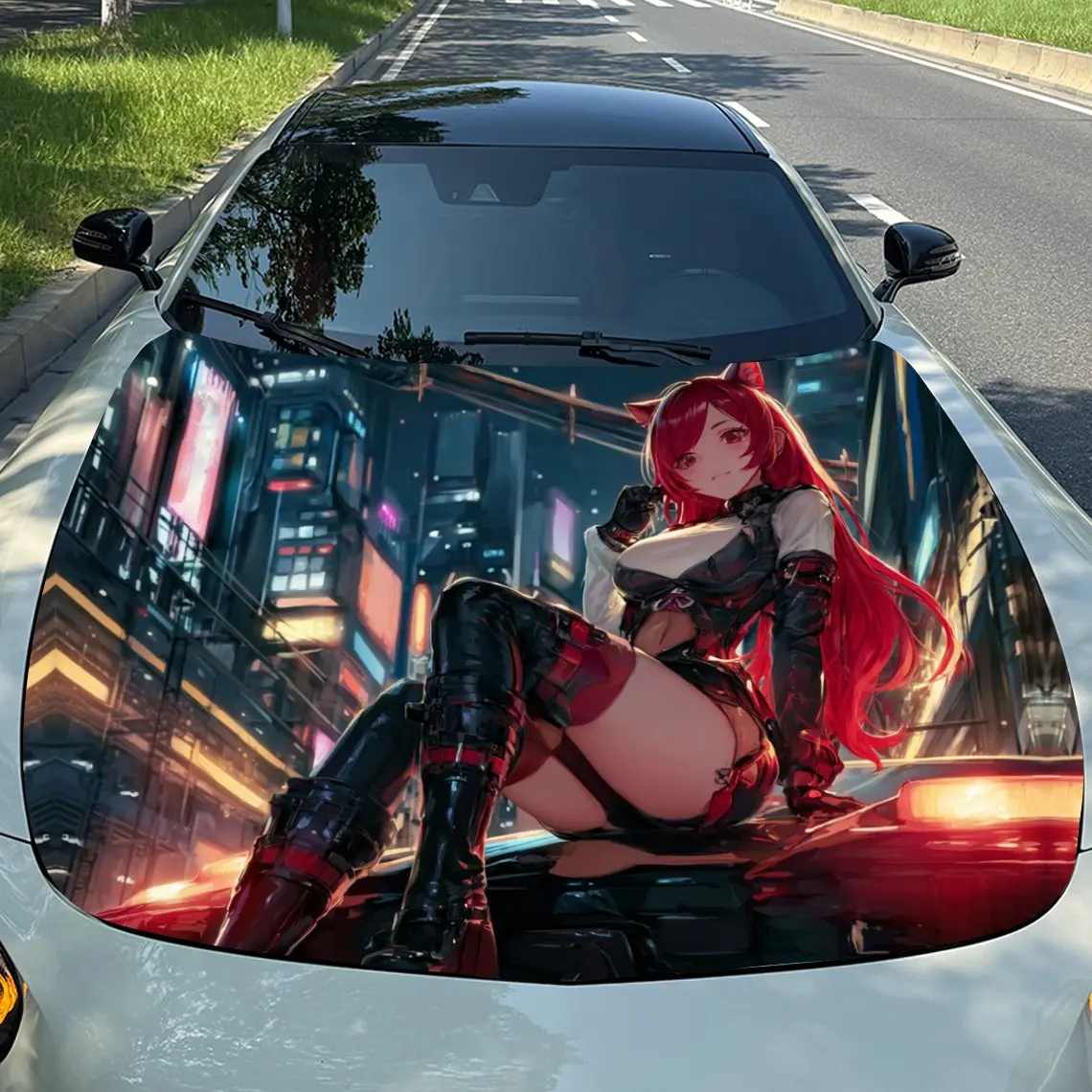 

Cyber Red Cat Urban Neon Frenzy Car Vinyl Wrap, PVC Material Waterproof Car Hood Sticker, Self-Adhesive Scratch-Resistant Sticke