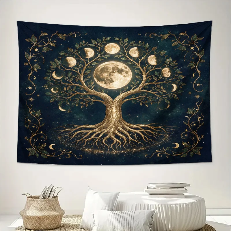 Cosmic Tree of Life Curtain Backdrop Galaxy Moonlight Stars Gold Tapestry Semi Sheer Boho Chic Decoration Panel Luxury Home Deco