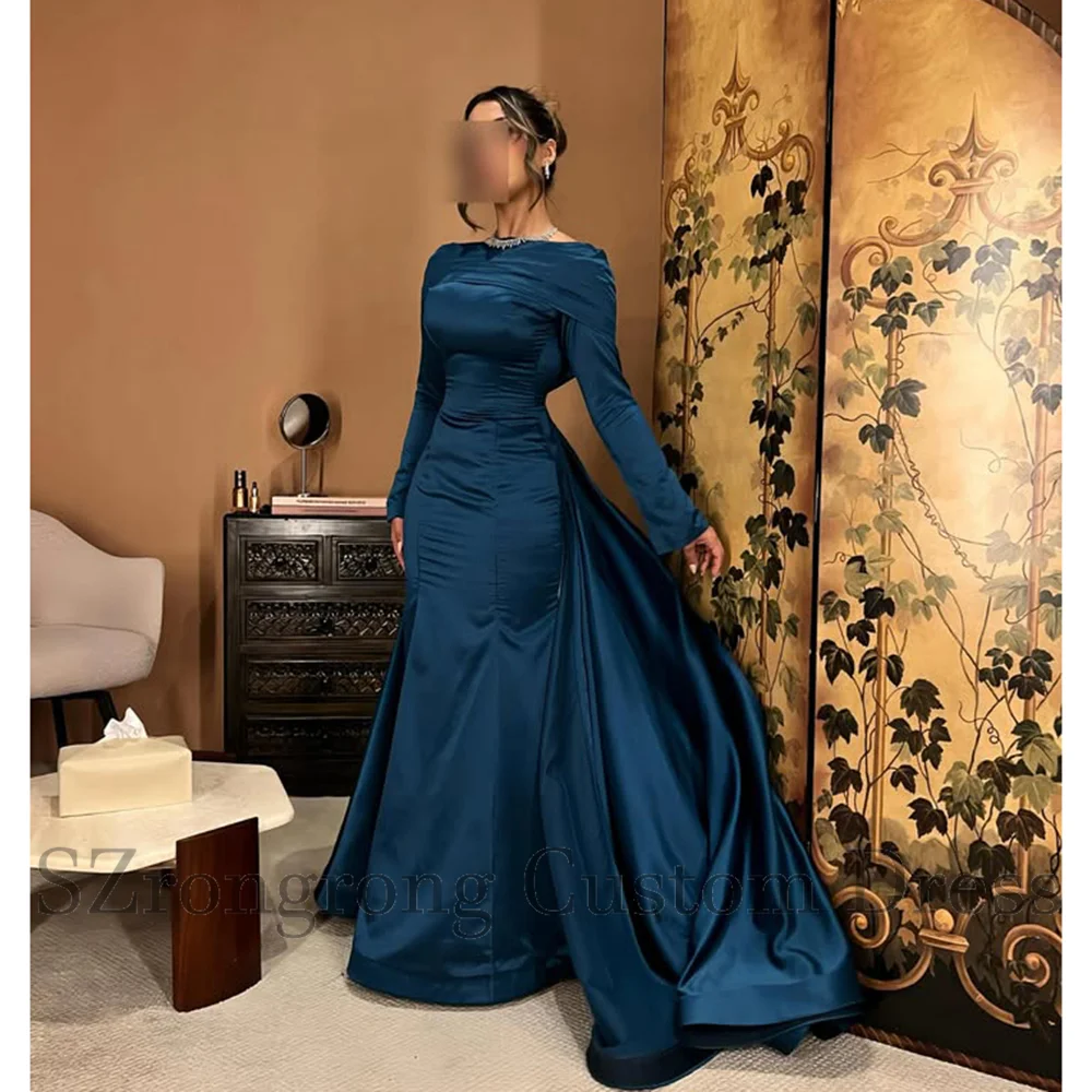 Vestido de noche Formal plisado con cuello redondo clásico hecho a medida, vestido de novia de graduación con espalda abierta y corte