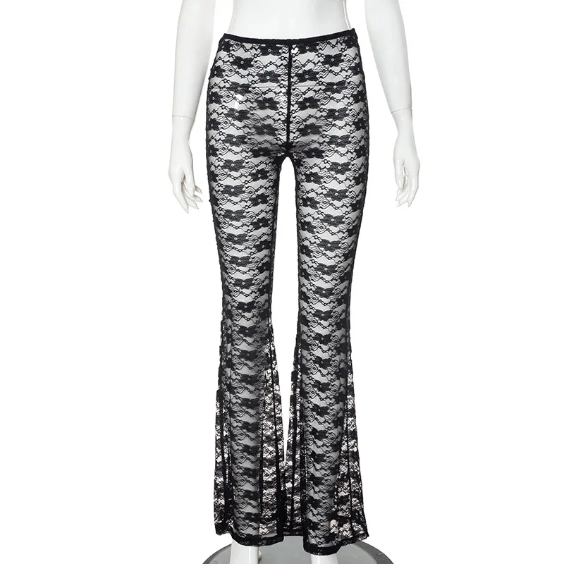 New Fashionable Floral Lace Pants With Versatile High Elasticity And Sexy Perspective Casual Flared Pants