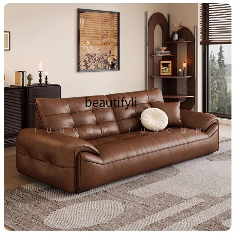 

Oil wax leather sofa first layer cowhide retro living room straight row high backrest
