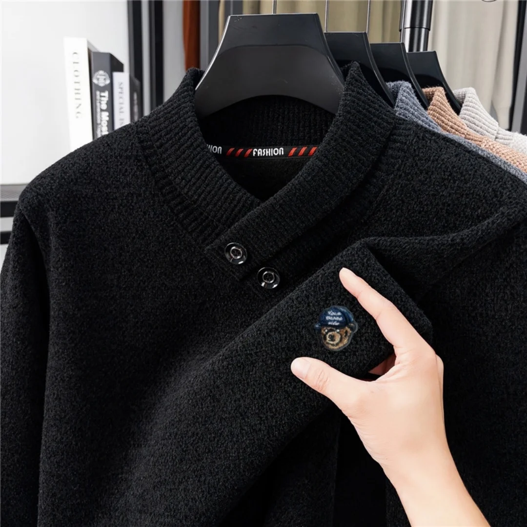 

New Hot Sale Brand Men's Knit Sweater Scarf Collar Bear Embroidery Pullover Winter Velvet Thicken Simple Luxury Warm Men's Wear