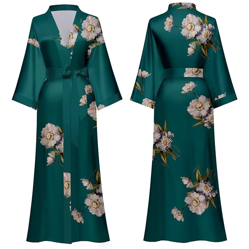 Bata larga Kimono con estampado negro para mujer, ropa de dormir Sexy, camisón informal de media manga, vestido de satén para el hogar, primavera y