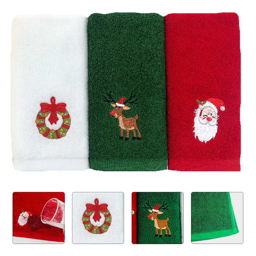 

3pcs Christmas Embroidery Towel Set Soft Absorbent Eco-Friendly Washcloths Holiday Gift Xmas Cotton Face Towel Decor