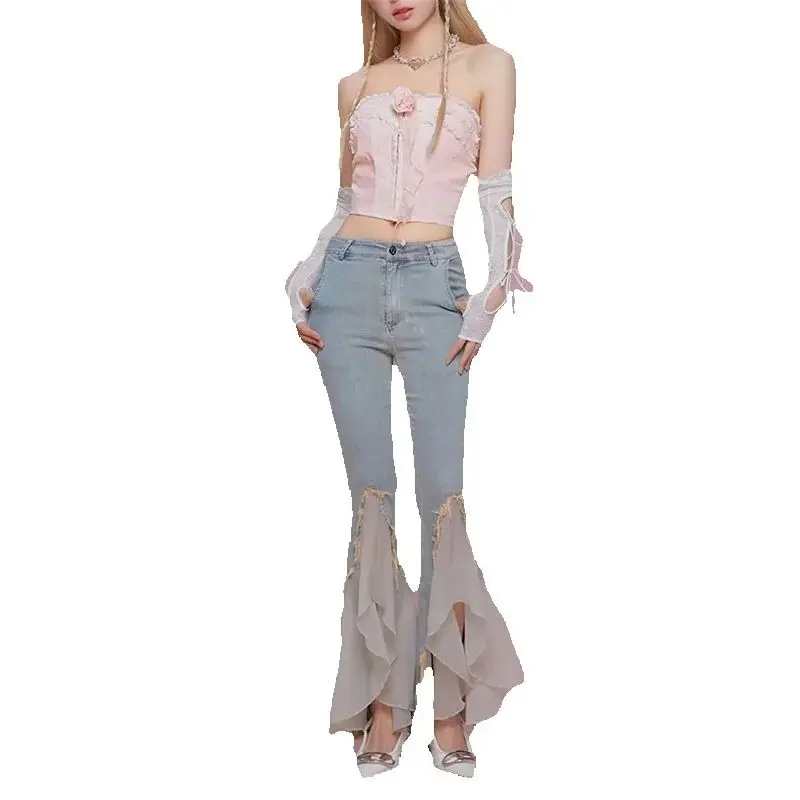 

Design Sense Niche Heavy Industry Beaded Split Jeans Women's Spring Autumn New High Waist Denim Pants Fashion Cowgirl Trousers