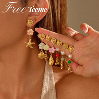 Freeteeme Trendy Ocean Series Flower Stud Earrings for Women Cherry Starfish Charms Dangle Earrings Birthday Jewelry Beach Gifts
