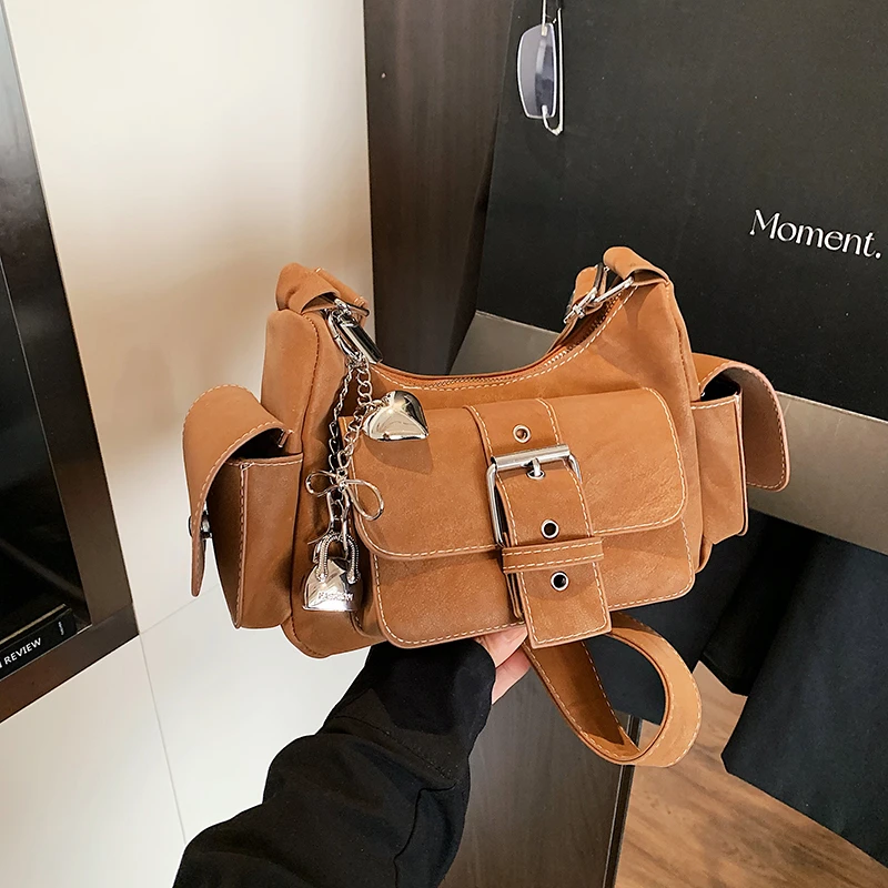 Trendy Y2K Brand Spicy Girls Moto Style Crossbody Bag Women Vintage Leather Handbag Casual Multi-pocket Shoulder Messenger Bags