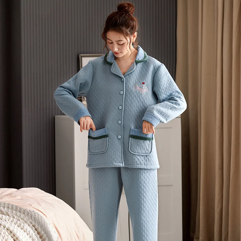 

Winter Cotton Mezzanine Pyjamas Thick Jackets Women's Pajamas Set Sleepwear Pyjamas Nightwear Big Yards M-3XL Quilted Pijamas