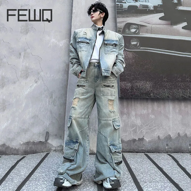 

FEWQ Men's Denim Suit Niche Stand Collar Patchwork Design Ripped Male Jackets Hollow Out Multi-pocket Cover Men Jeans New 9C4664