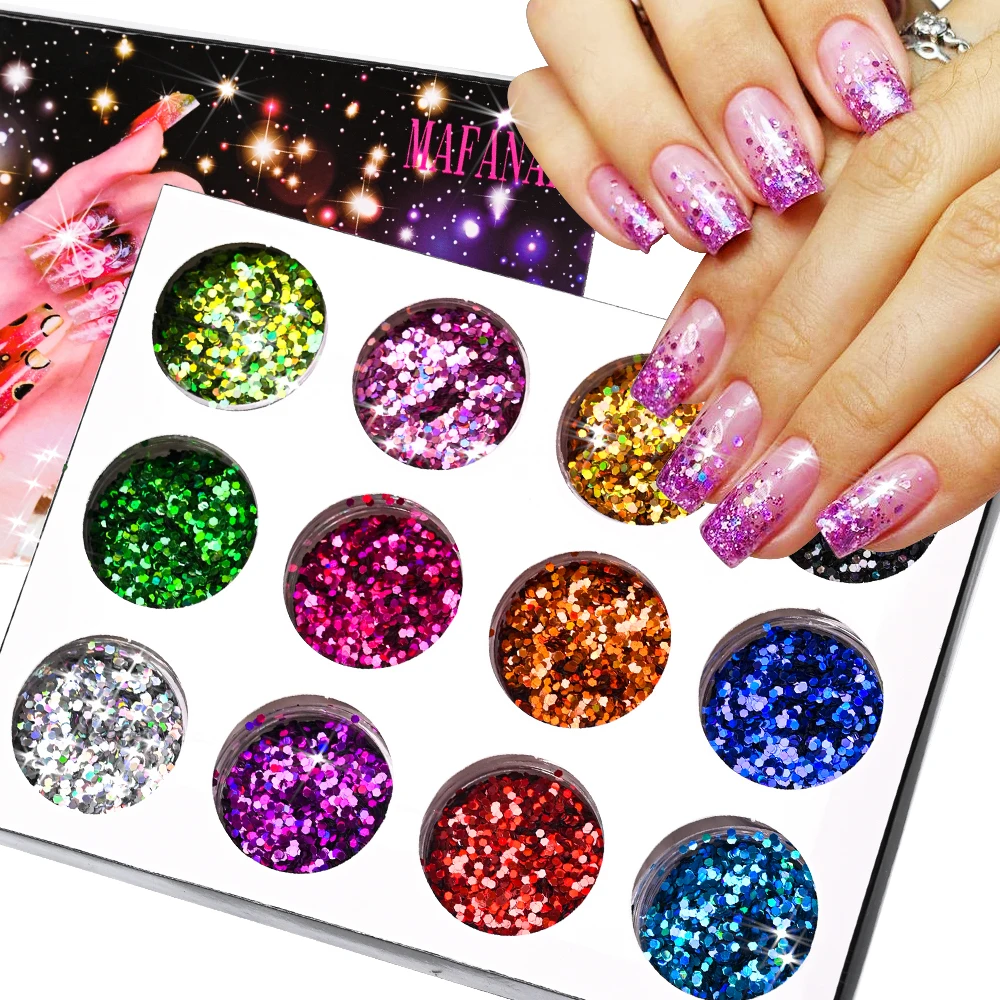 Chunky Glitter Conjunto de lantejoulas, manicures de tamanho misto, hexágono, iridescente, brilhante, holográfica, 12 cores por conjunto