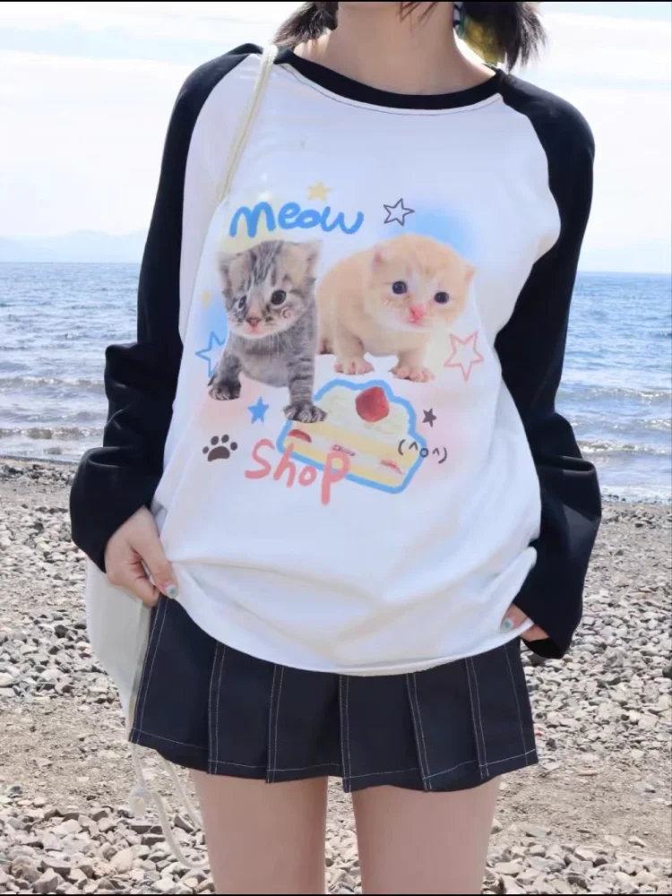 ADAgirl Kawaii Cat Print T-shirts Women Japan Style Kitten Long Sleeve Cutecore Tops E-girl T-Shirt for Teen Girl Pullover Alt