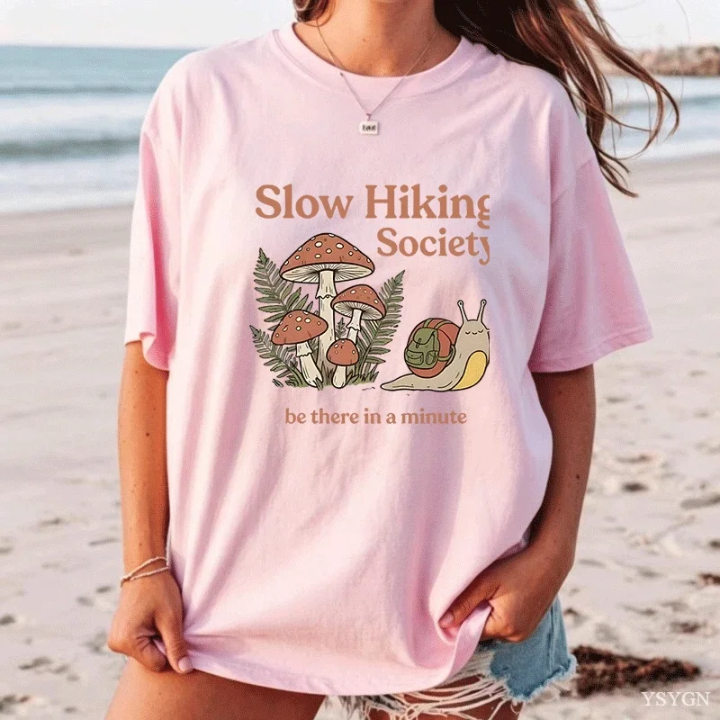 Slow Hiking Society T-Shirt Funny Mushroom Snail Nature Graphic Tees Camping Tee Outdoor Wear Summer Short Sleeve Clothes Tops
