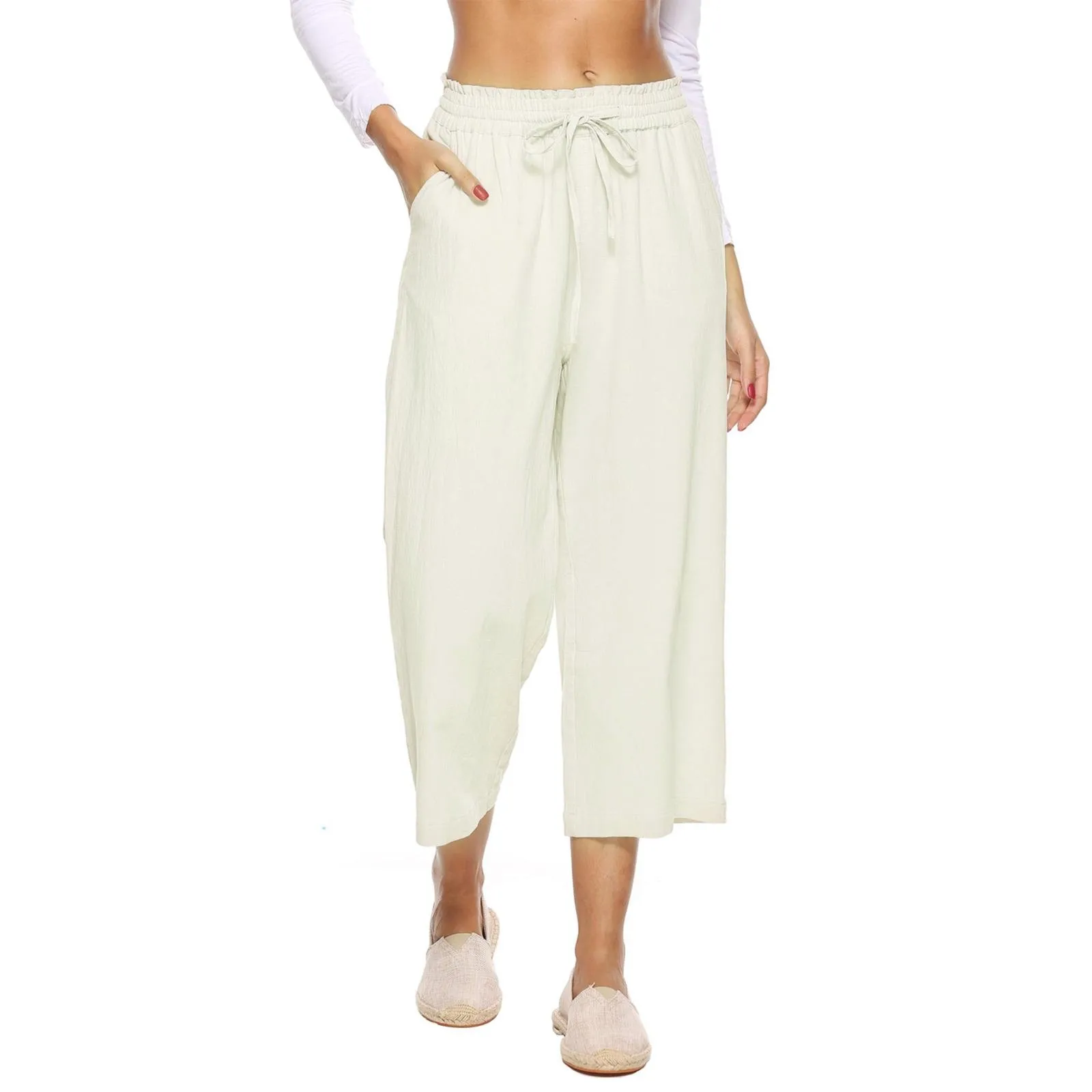 

Women's Casual Knot Elastic Waist Pants With Drawstring Trousers Wide Leg Straight Cropped Pants Cotton Linen Solid Color