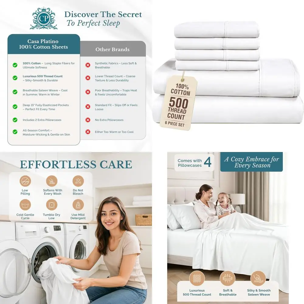 

100% Cotton 6-Piece Queen Sheet Set with 500 Thread Count, Soft Sateen, 15 Pocket, Pure White