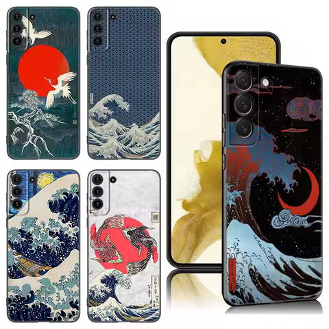 Japanese Art Wave Black Silicone Phone Case For Samsung Galaxy S20 S23 FE S21 S22 S24 Plus Ultra Note 10 20 Plus Ultra