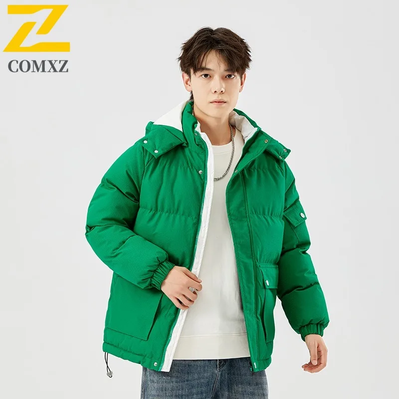 COMXZ 2025 Winter New Premium Cotton Coat Men Hooded Trendy Camping Lightweight Parkas High Quality Street Style Outerwear