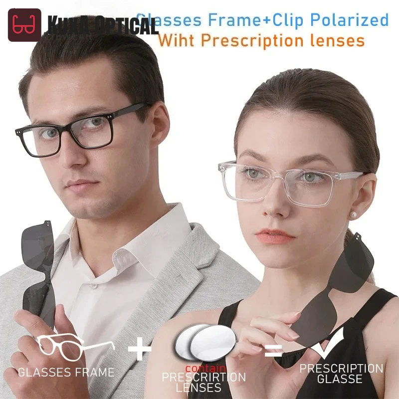 

KUXA Eyewear With Cilp Polarized Sunglasses Prescription Glasses Myopia Progressive Eyeglasses Anti-reflection Acetate Men Eyew