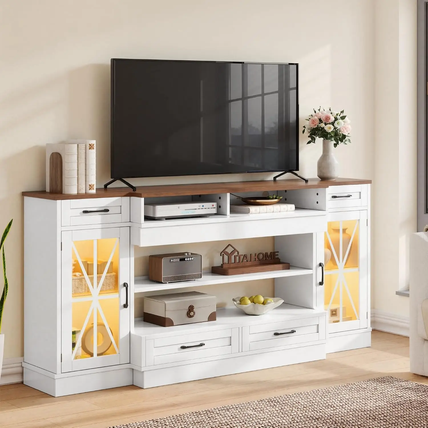 TV Stand Entertainment Center LED Strip Glass Door Power Outlet Living Room 75/80 Inch White, Customized
