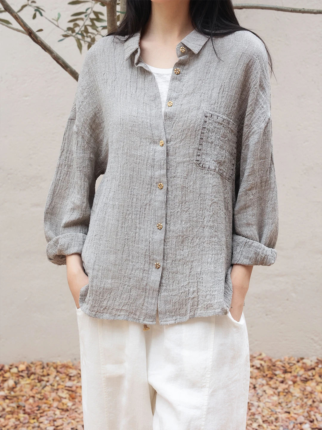 

Casual Linen Long Sve irt Women's Spring New Sle Texture Feeling irt Loose Fit Casual Sle ket Design FSY50905