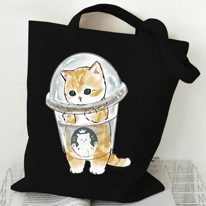 High Capacity Women Men Canvas Shoulder Bags Cute Cats Cartoon Anime Tote Bag Teen Girls Beach Bag Funny Kitten Female Handbags