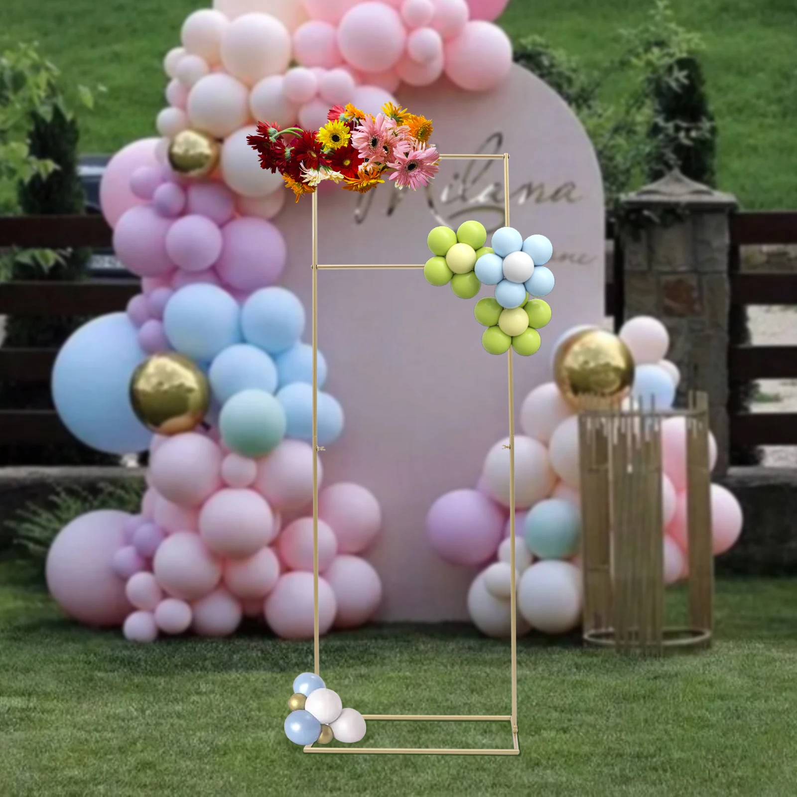 Imagem -02 - Metal Wedding Arch Stand Retângulo Balão Frame Backdrop Decor Flower Display Rack Decoração Local Ouro e Branco 155cm 5ft