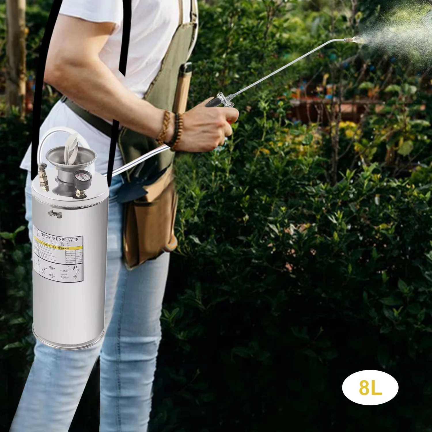 Stainless Steel Sprayer Hand  Sprayer with Pressure Gauge&Safety Valve Adjustable Nozzle Suitable  Gardening& Sanitizing Sprayer