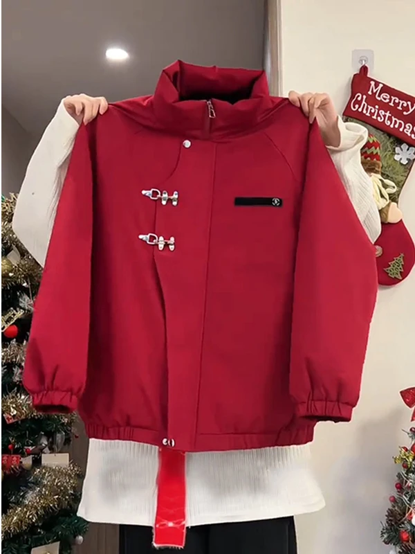 

Red Wine ort Cotton Jaet New Chinese Sle Men's Winter Workwear Coat Couple Matching Stand Collar Aircrt Button Design