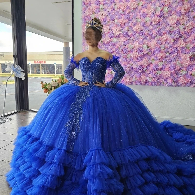 Blue Sweetheart Luxury Long Sleeved Quinceanera Dress 2024 Lace Beads Tull Tiered Ball Gown Charro Mexican Dress vestidos de 15