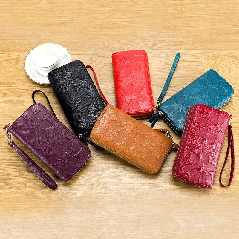 Ladies Double Zipper Leather Wallet Head Layer Leather Phone Bag Handheld Bag Card Holder Purse for Women Carteras Para Mujer