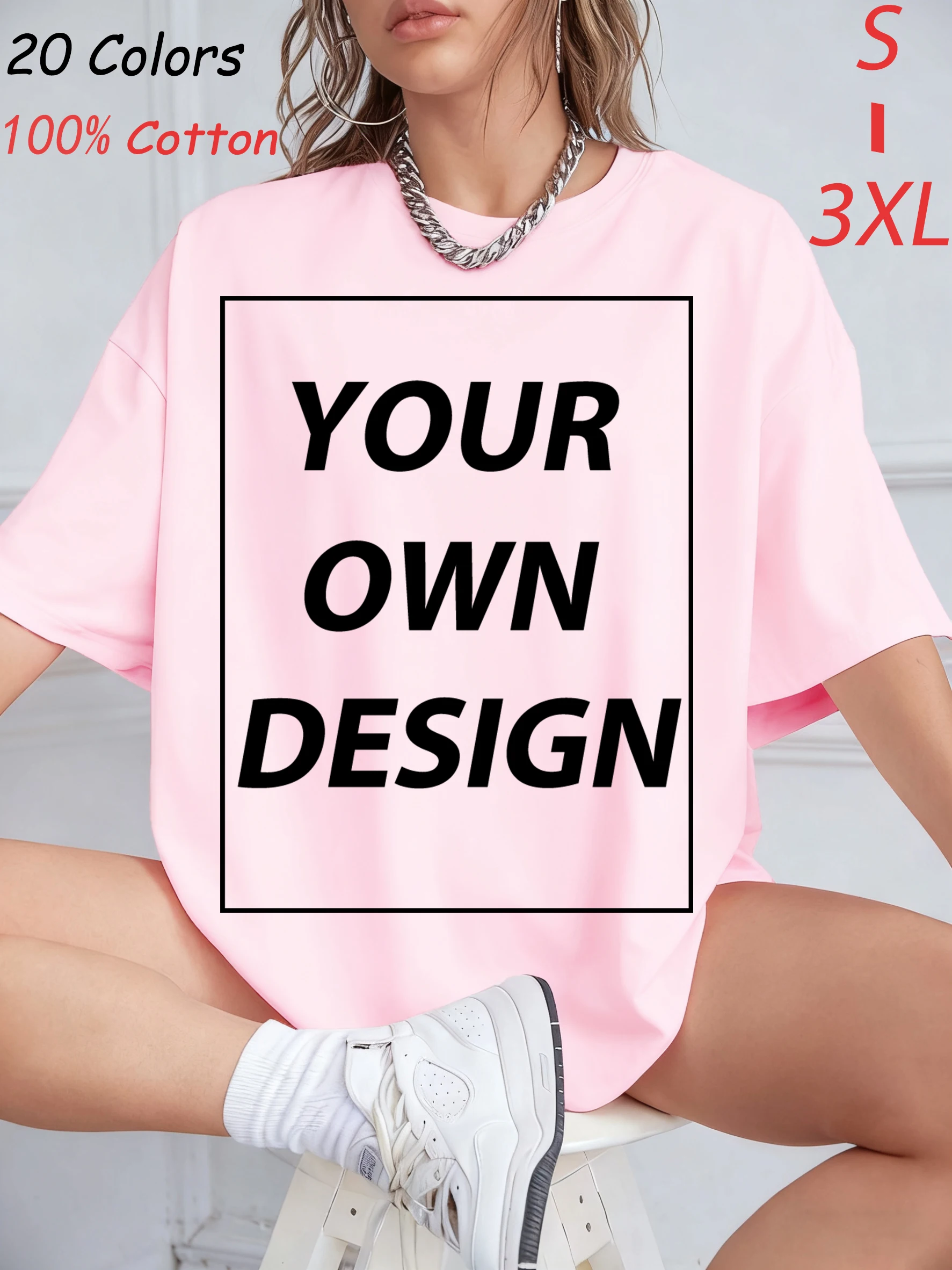 Custom Your Logo Print Summer Cool Retro T-Shirt Cotton Casual Loose Short Sleeve Basics Fashion Tee Soft Breathable Streetwear