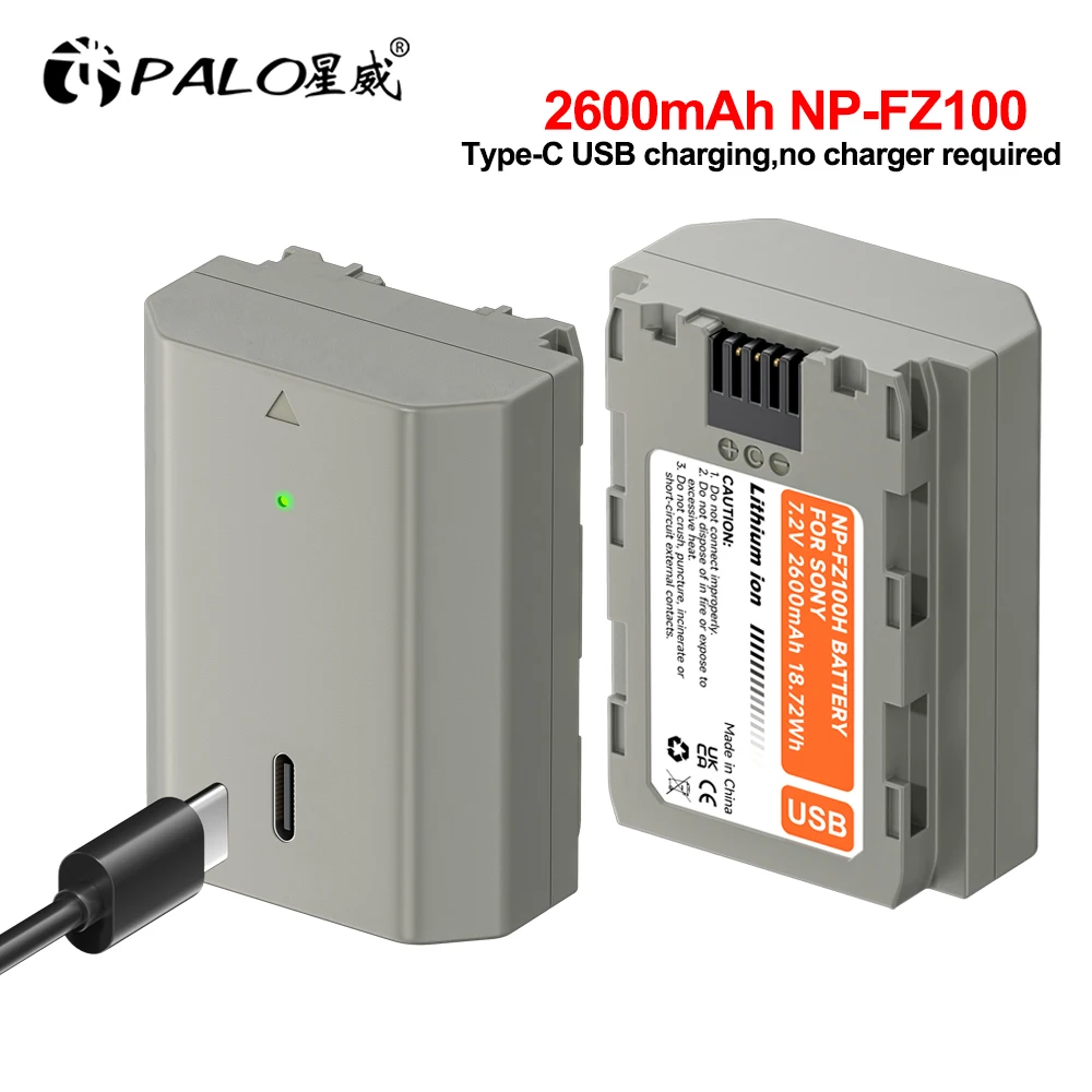 PALO 2600mAh NP-FZ100 NPFZ100 NP FZ100 Battery with 5V 2A Type-C input for Sony A7 III Sony Alpha A7R III A7R IV A9 A6600 BC-QZ1