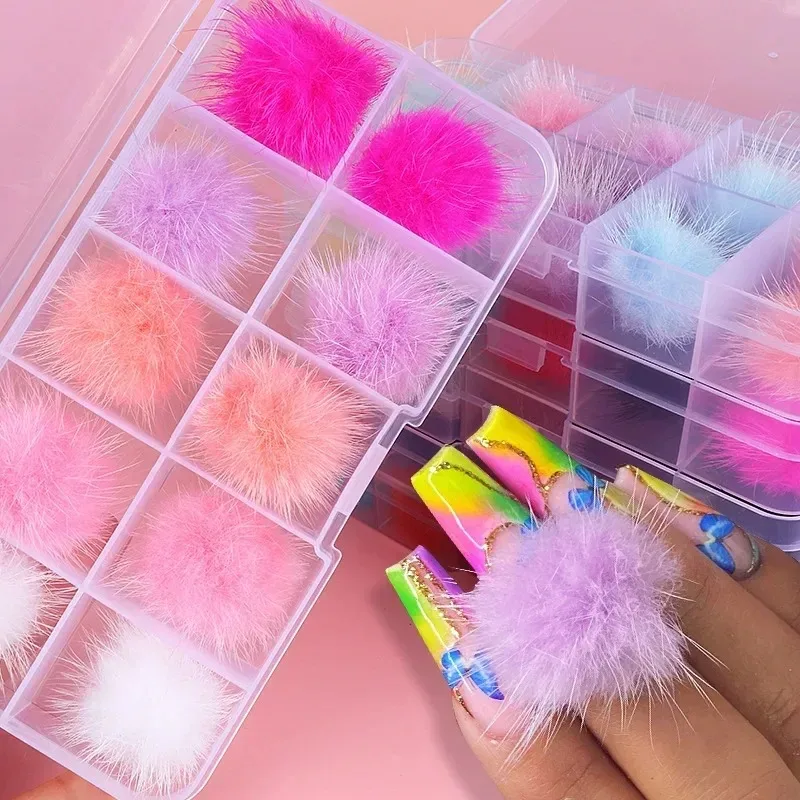 10 개/상자 푹신한 모피 Pompom 밍크 Pom Poms 네일 아트 쥬얼리 분리형 자기 Hairball DIY 디자인 매니큐어 장식 액세서리