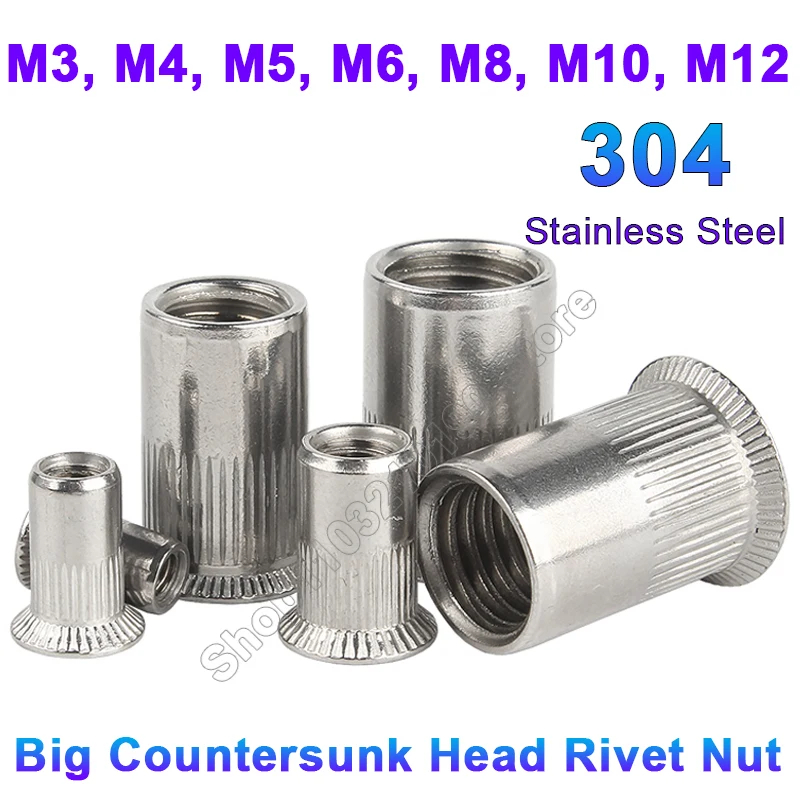 

2-10Pcs M3 M4 M5 M6 M8 M10 M12 304 Stainless Steel Rivnut Large Big Countersunk Head Riveted Nuts Insert Nutsert Cap Rivet Nut