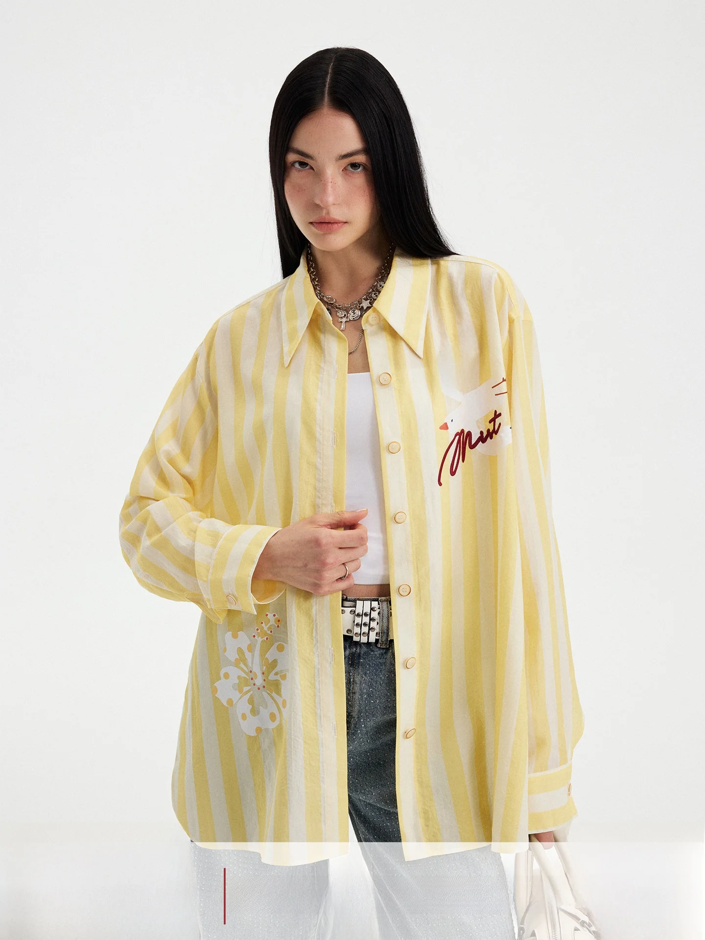 DIDDI MODA Women's Striped Shirt Casual Loose Fit Long Sleeve Flip Collar Summer 2026 New Style Floral And Flying Bird Pattern