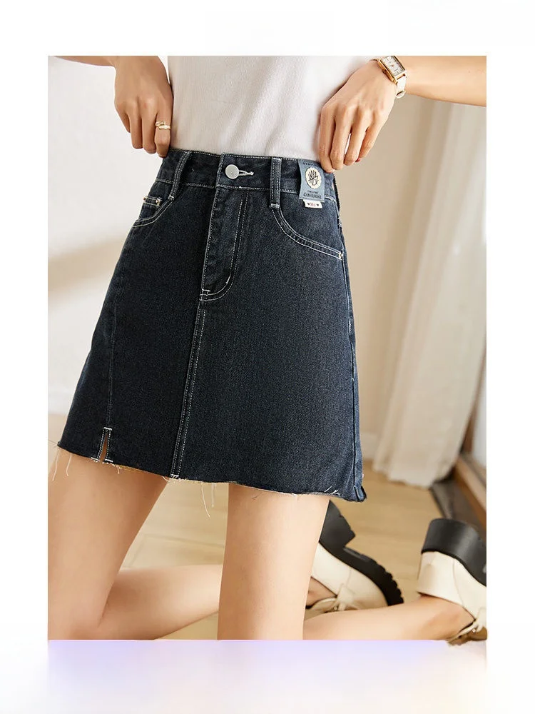 

Deep Grey Asymmetrical High Waist Denim Skirt Women's Versatile Bodycon Skirt Commute Simple Style Cotton Blend A-Line S...