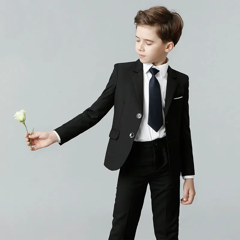 Children Formal Black Suit Flower Boys Wedding Dress Gentle Kids Birhtday Photograph Suit School Graduation Performance Costume