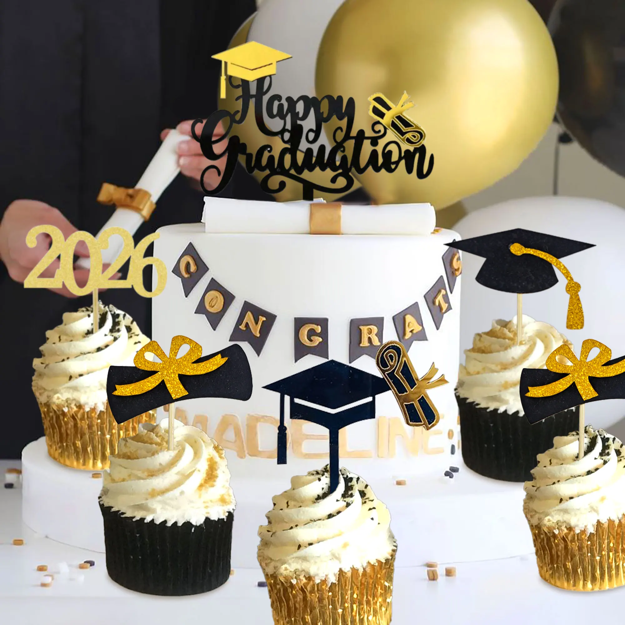 LaVenty 2026 Abschlussfeier-Dekorationen, Abschluss-Cupcake-Topper, Abschlussmütze, Abschluss-Kuchenaufsatz, Klassenabschluss 2026 Cupcake-Topper – Detail 2