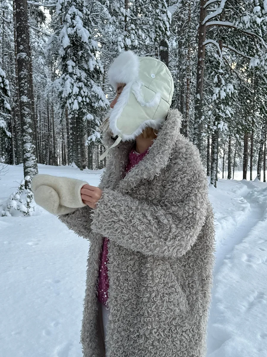 Gray Wool Faux Fur Shearling Long Coat for Women Winter 2025 Winter Fashion Trendy Teddy Maxi Coat Monki Curly Clean Fit Outwear