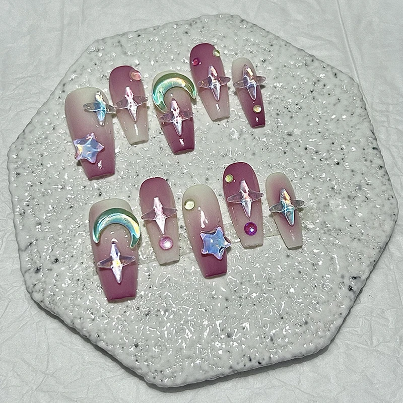 10 częściowe słodkie I urocze naciśnij na paznokcie ręcznie robione różowe gradientowe różowe marzenie gwiazdy księżyc fałszywe naszywki na paznokcie zdejmowane