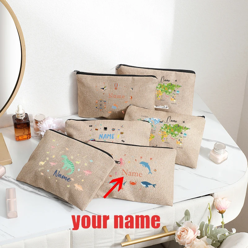 Customizable with Name Pastel Dinosaur Vintage Circus Sea Animal Patterns Makeup Bag Travel Pouch for Boy Childrens Friends Gift
