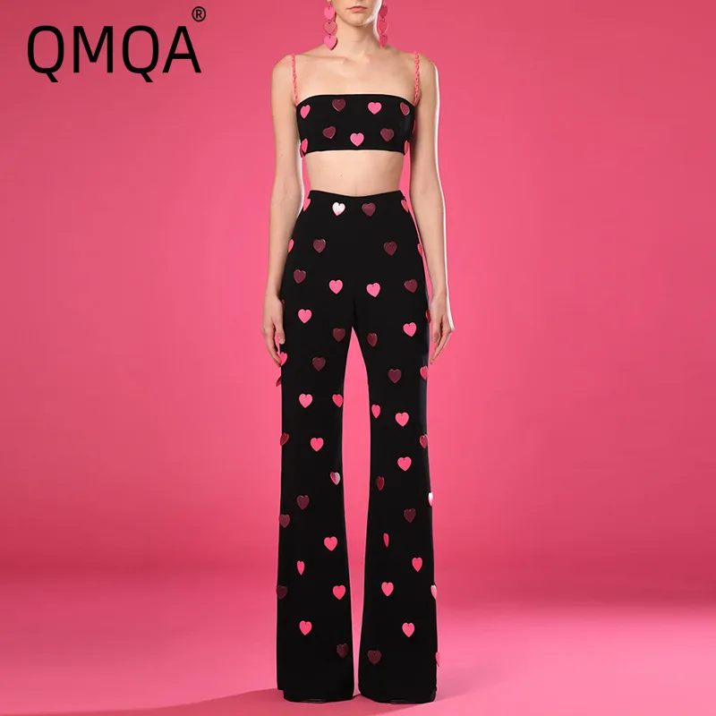 

QMQA Fashion Women's Heart Sequins 2 Piece Set Strap Short Top High Waist Straight Pants Sets 2025 Female New Clothing QM109