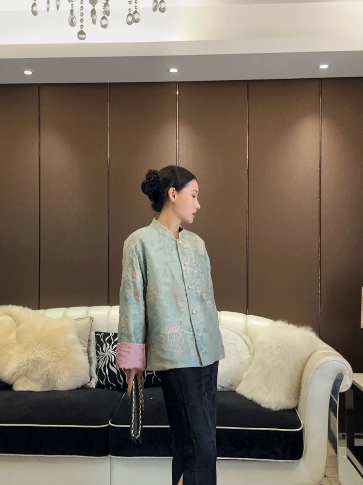 

Women's een Silk ort Jaet Embroidered Flower Luo Kegen Satin Traditional Chinese Sle Top Long Sve Stand Collar