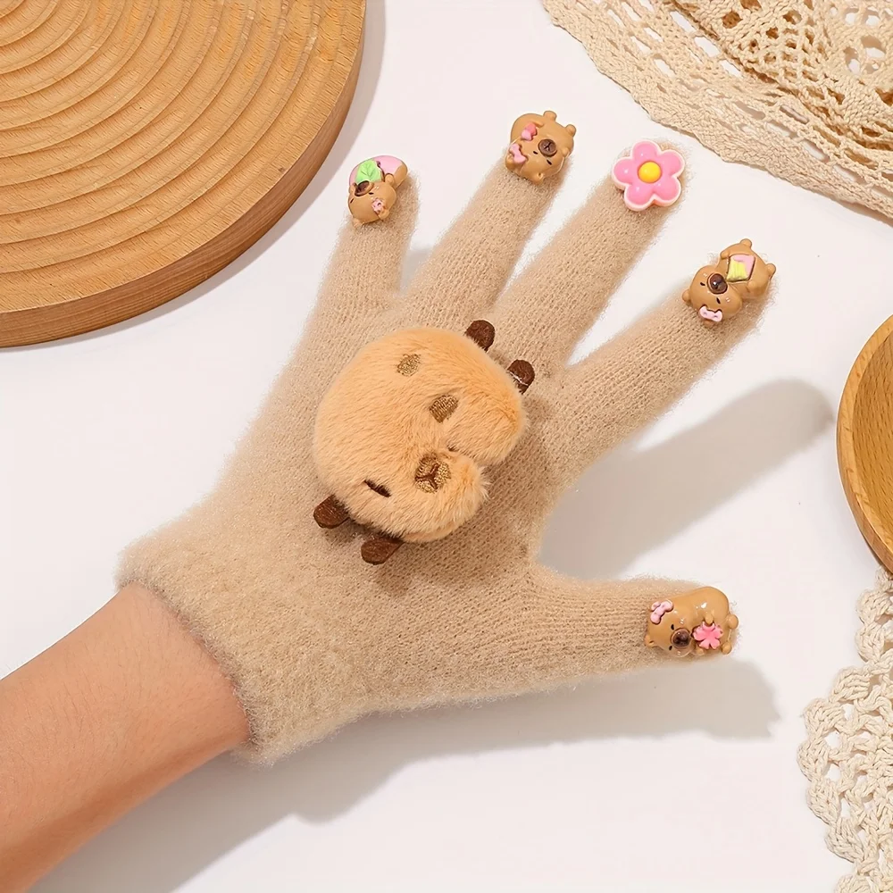 Niedliche Winterhandschuhe für Mädchen mit bezaubernder Capybara-Dekoration, bequem und warm für Herbst und Winter, Fingerspitzen-Design – Detail 4