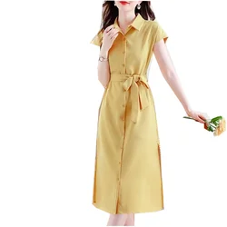 Satin Dress 2024 Summer Soft Comfortable Sleeveless South Korea Fashionable Loose Single-breasted Belt Lapel Yellow Long Dresses