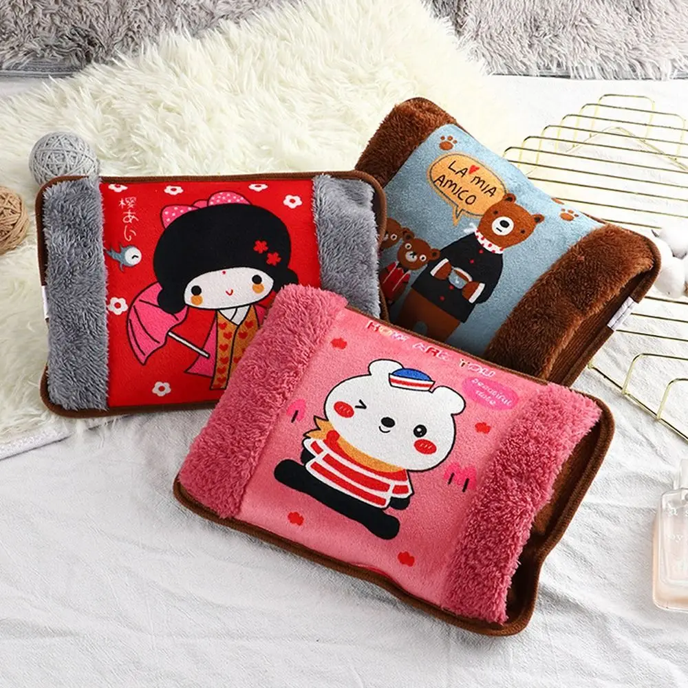 Flannelette Electric Hot Water Bottle Cartoon Pattern EU Plug Winter Heated Bag Random Color Explosion-Proof