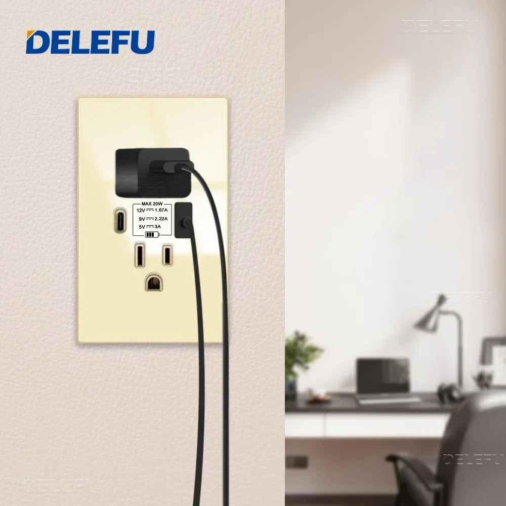 

DELEFU панель из закаленного стекла, мексиканский стандарт, тип C, американская розетка с быстрой зарядкой, 124*76 мм, настенная розетка, переключатель, золото