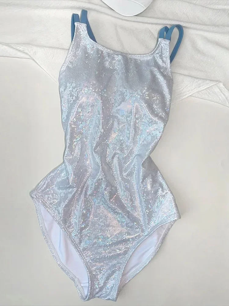 Sexy Backless Spaghetti Strap Shiny Bikini Women Swimsuit High Waist Beach Bikini 2025 New Summer Swimwear One Piece Swimsuit