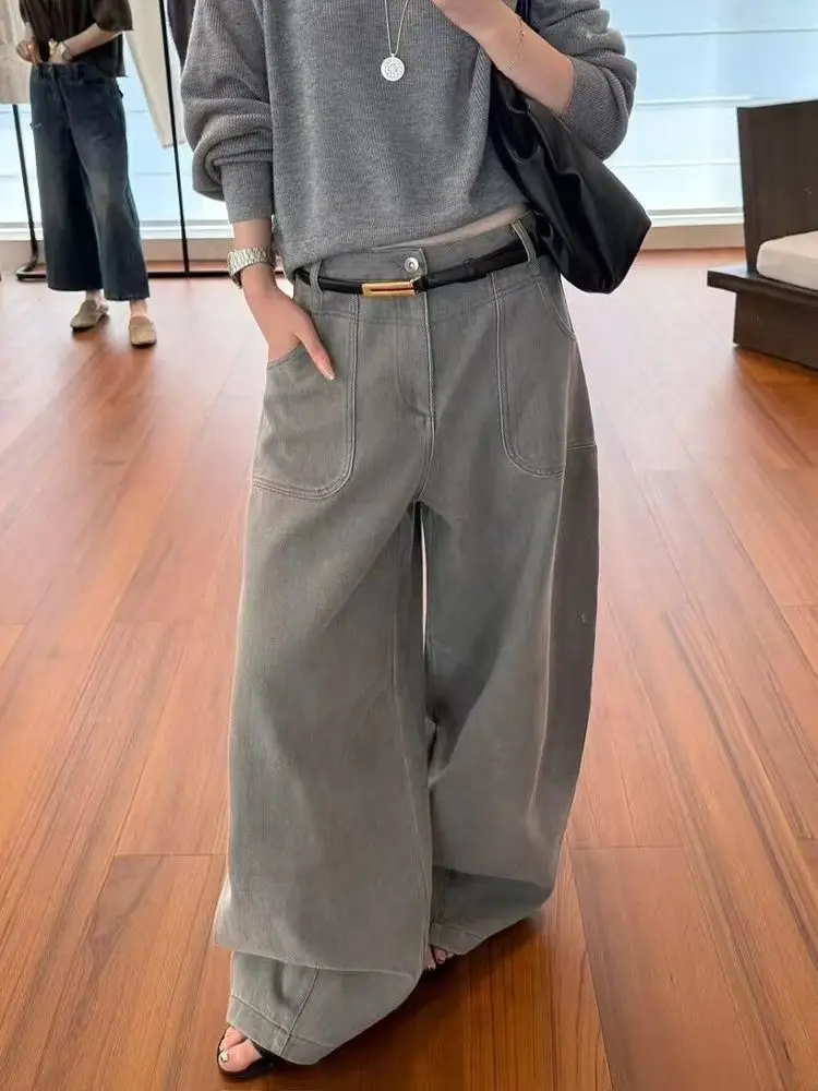 Loose Relaxed Jeans Retro Washed Side Pressure Arc Large Pocket Mopping Pants