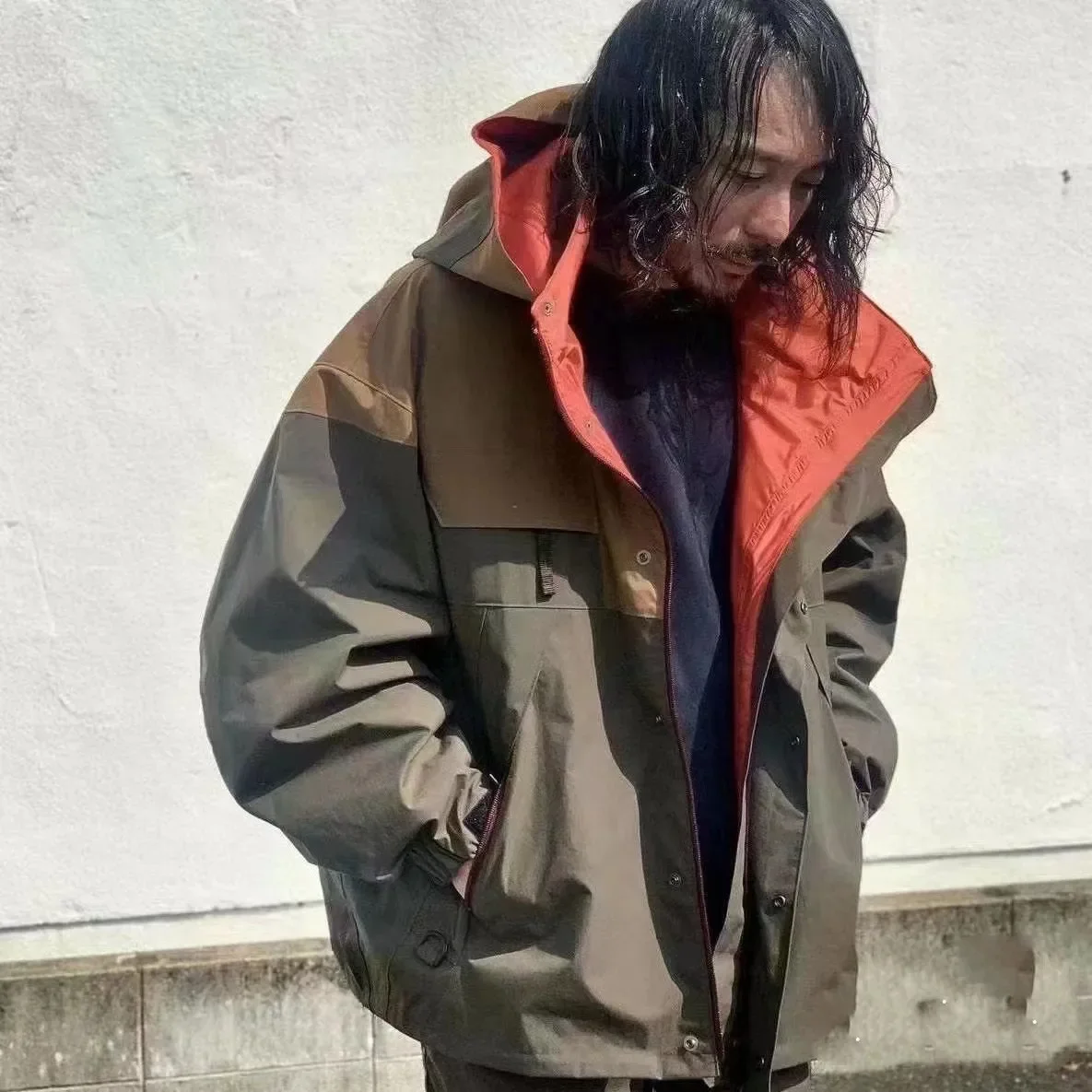 

23SS KOLOR Abe Runyi Two-color Japan Color Contrast Waterproof Patchwork Hooded Jacket Men's Autumn Loose Coat