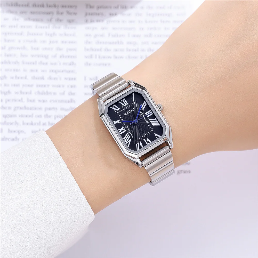 fashion rectangle dial Roman scale quartz steel women dress watch